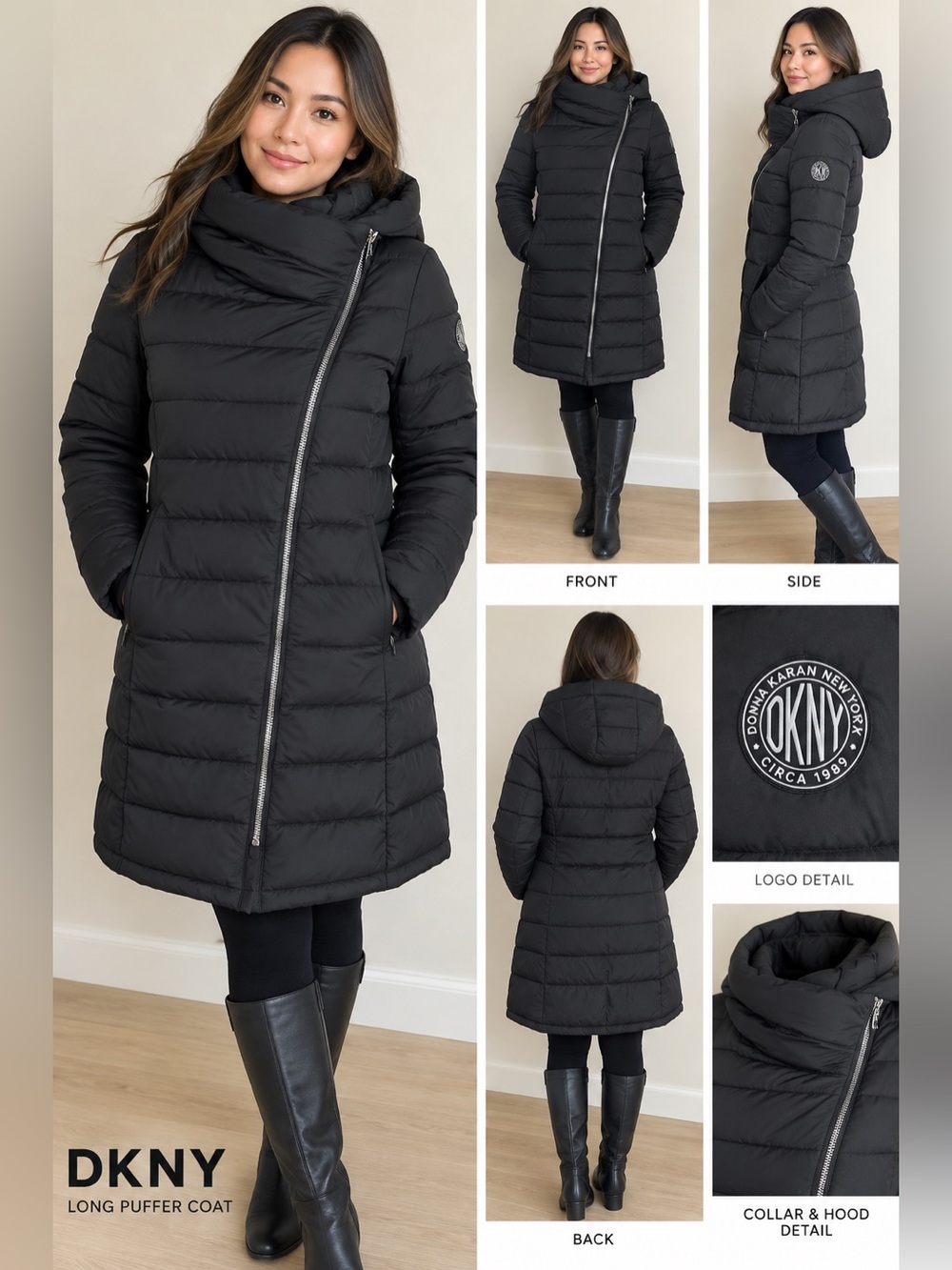 DKNY Black Hooded Long Puffer Coat Size M Asymmetrical Zip Winter Jacket